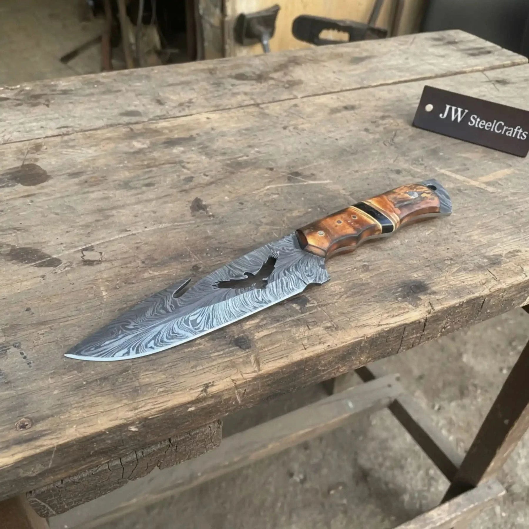 Handmade Feather Damascus Hunting Knife with Burned Camel Bone Handle & Eagle Engraving by JW SteelCrafts, Damascus knife detail photo 8