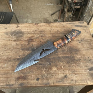Handmade Feather Damascus Hunting Knife with Burned Camel Bone Handle & Eagle Engraving by JW SteelCrafts, Damascus knife detail photo 6