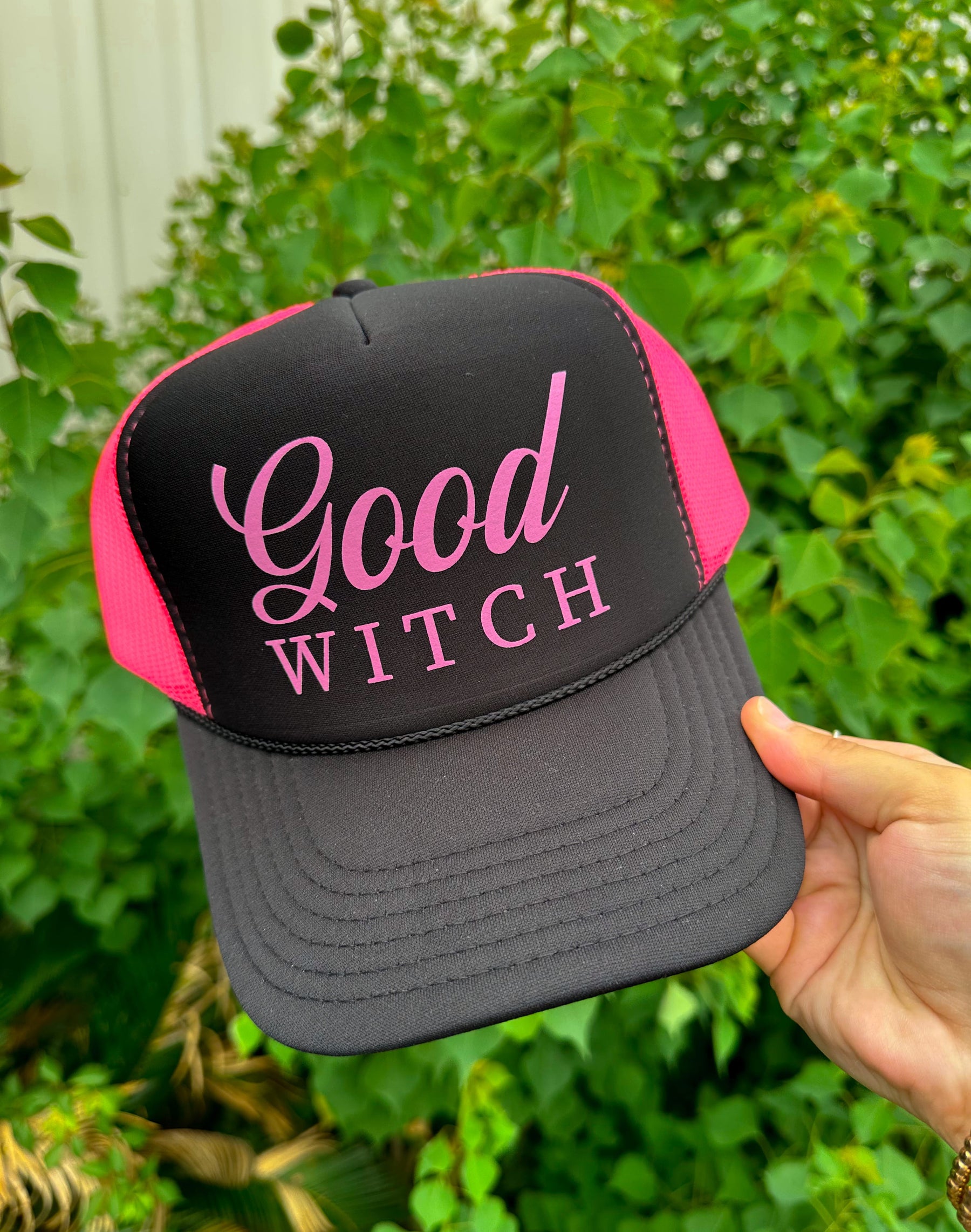 Good Witch (pink font) Black/Hot Pink Trucker Hat by Southern Bliss Company