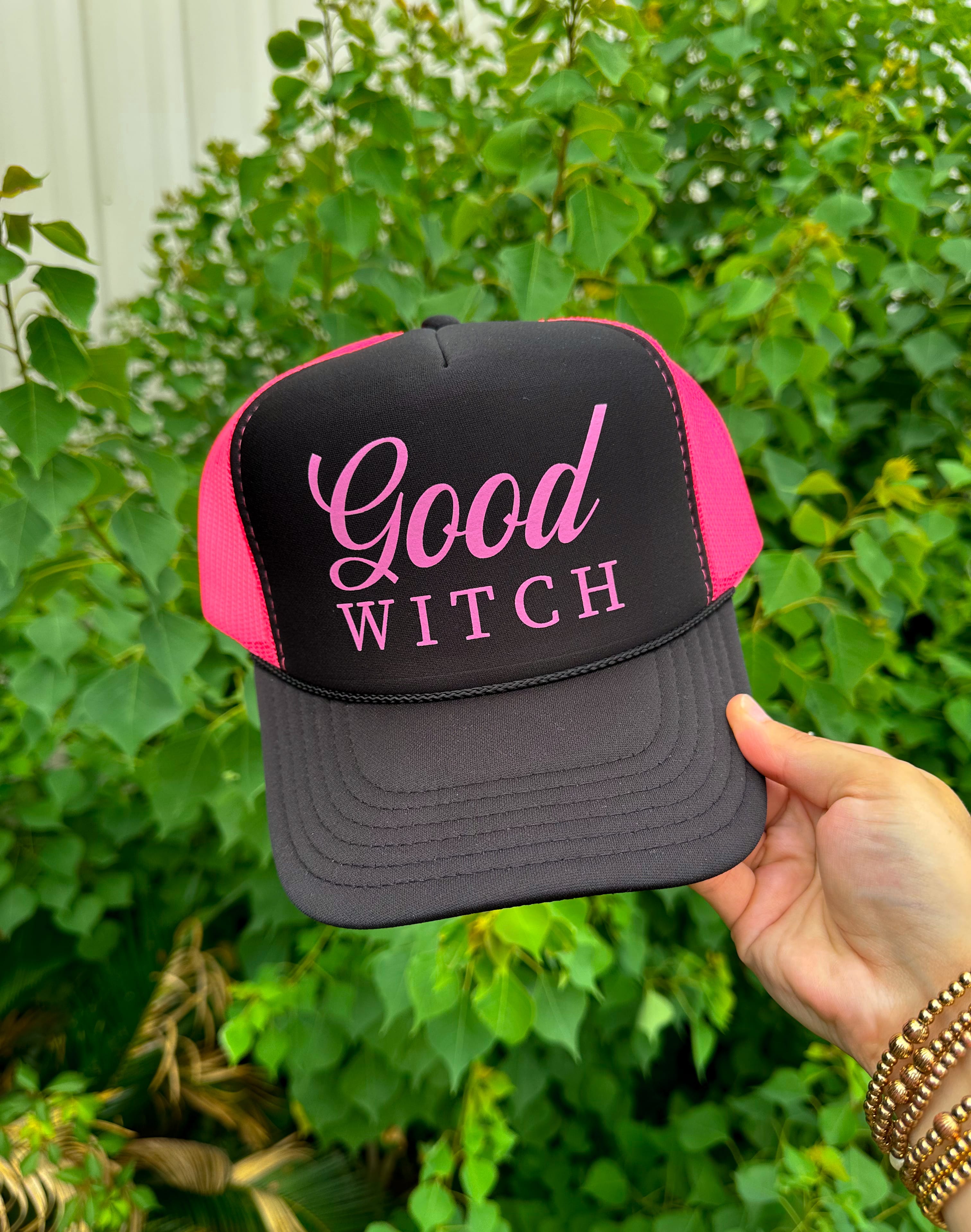 Good Witch (pink font) Black/Hot Pink Trucker Hat detail view by Southern Bliss Company