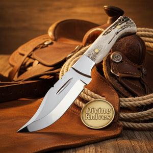 Mirror Polish Gut Hook Skinner Knife with Stag Handle and Brass Pins detail view by Divine Knives