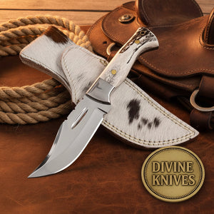 Mirror Polish Gut Hook Skinner Knife with Stag Handle and Brass Pins detail view by Divine Knives