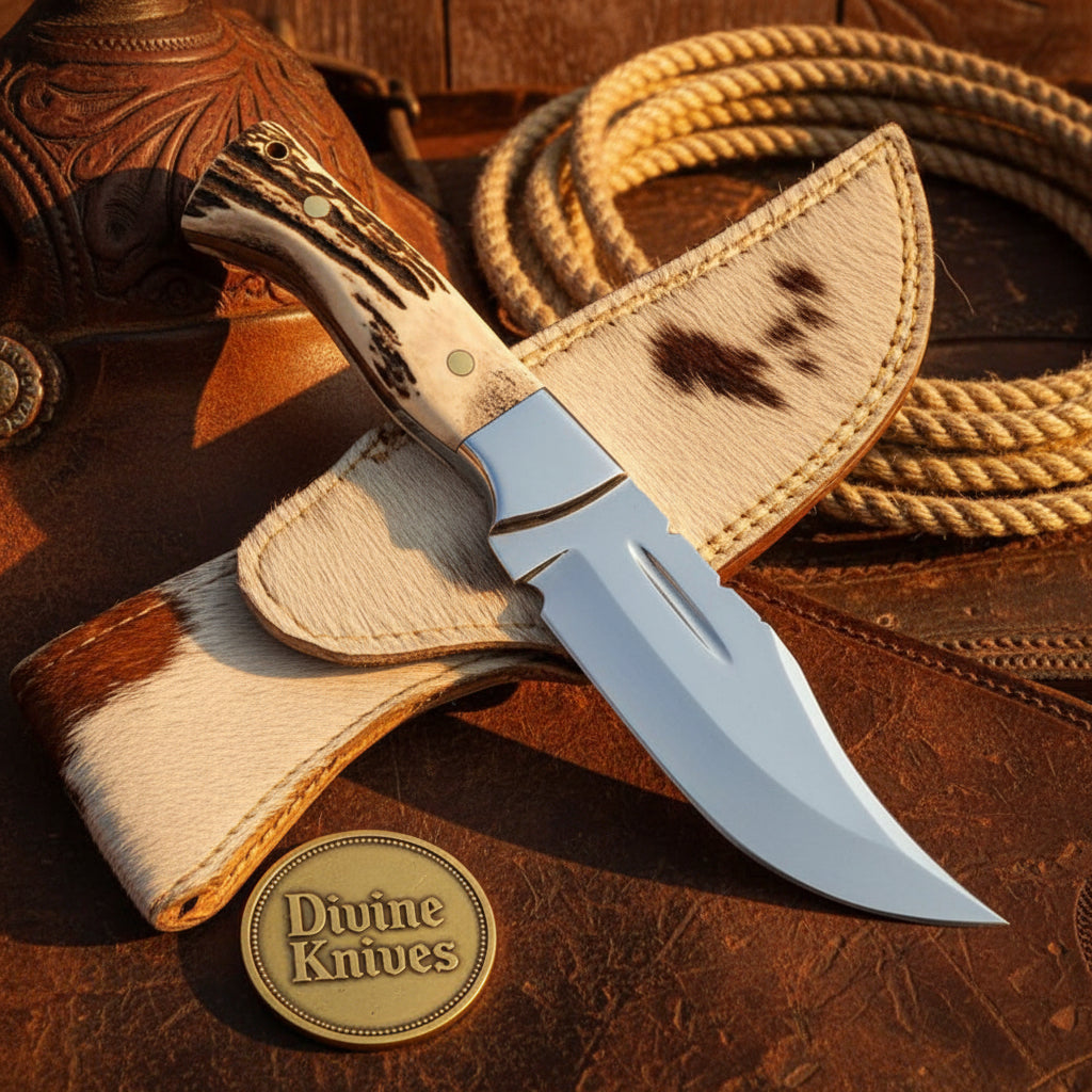 Mirror Polish Gut Hook Skinner Knife with Stag Handle and Brass Pins by Divine Knives