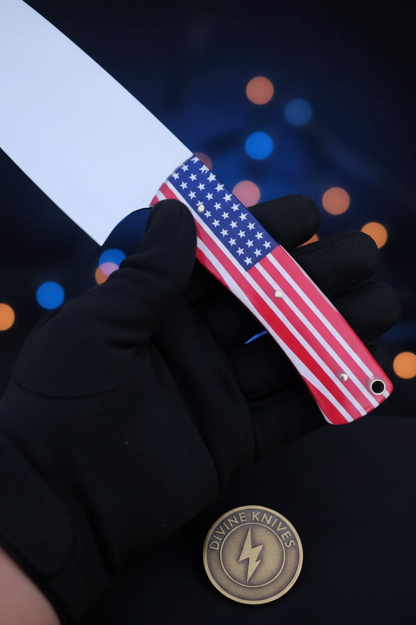 American Flag Handle Chef Knife with Wide Cutting Blade for Patriotic Kitchens detail view by Divine Knives