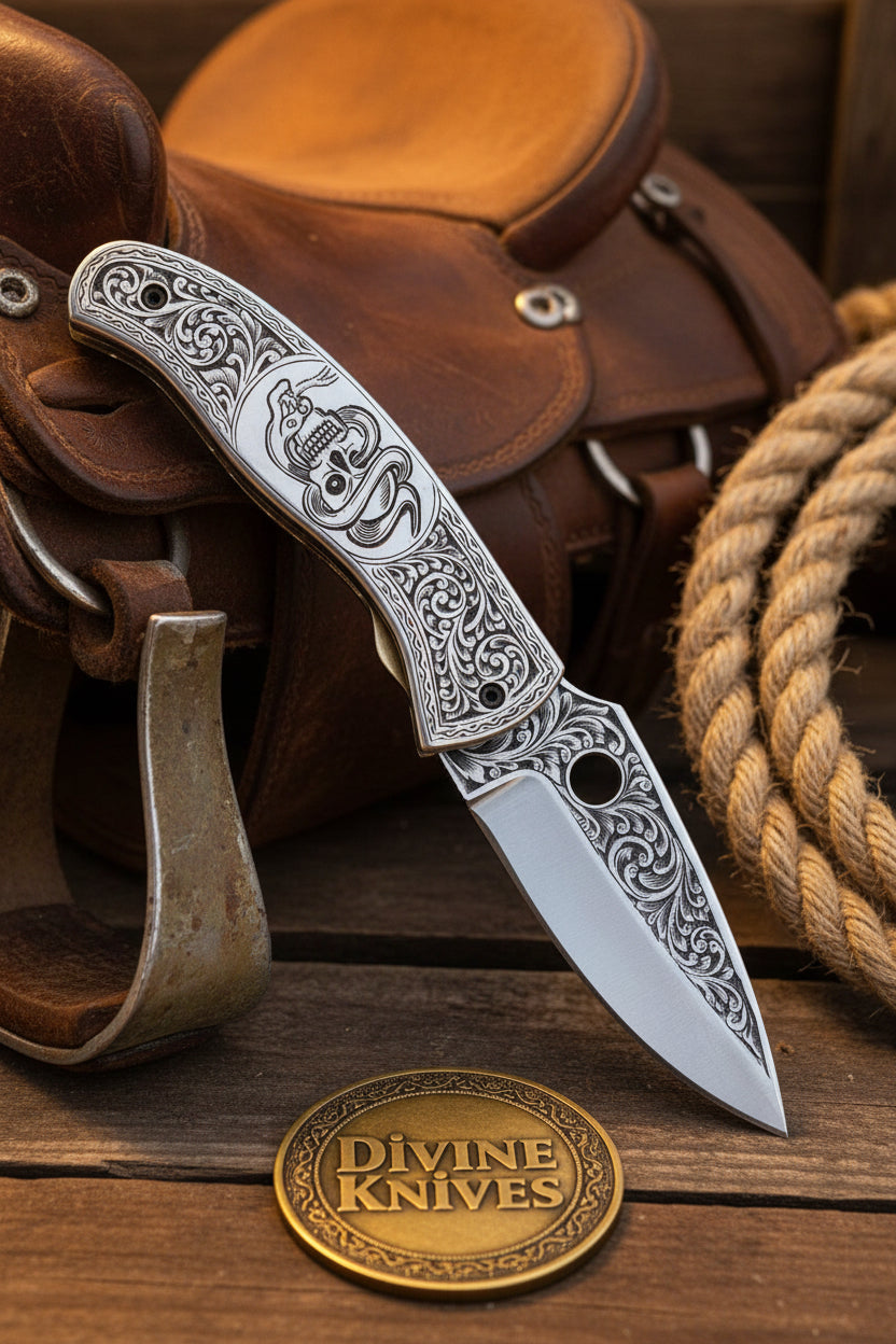 Engraved Scrollwork Folding Knife with Silver Finish and Detailed Blade Etching by Divine Knives