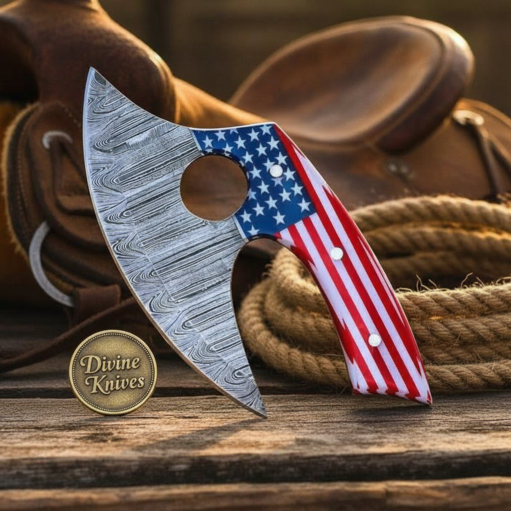 American Flag Viking Axe Head with Patterned Steel Blade for Display or Custom Builds by Divine Knives