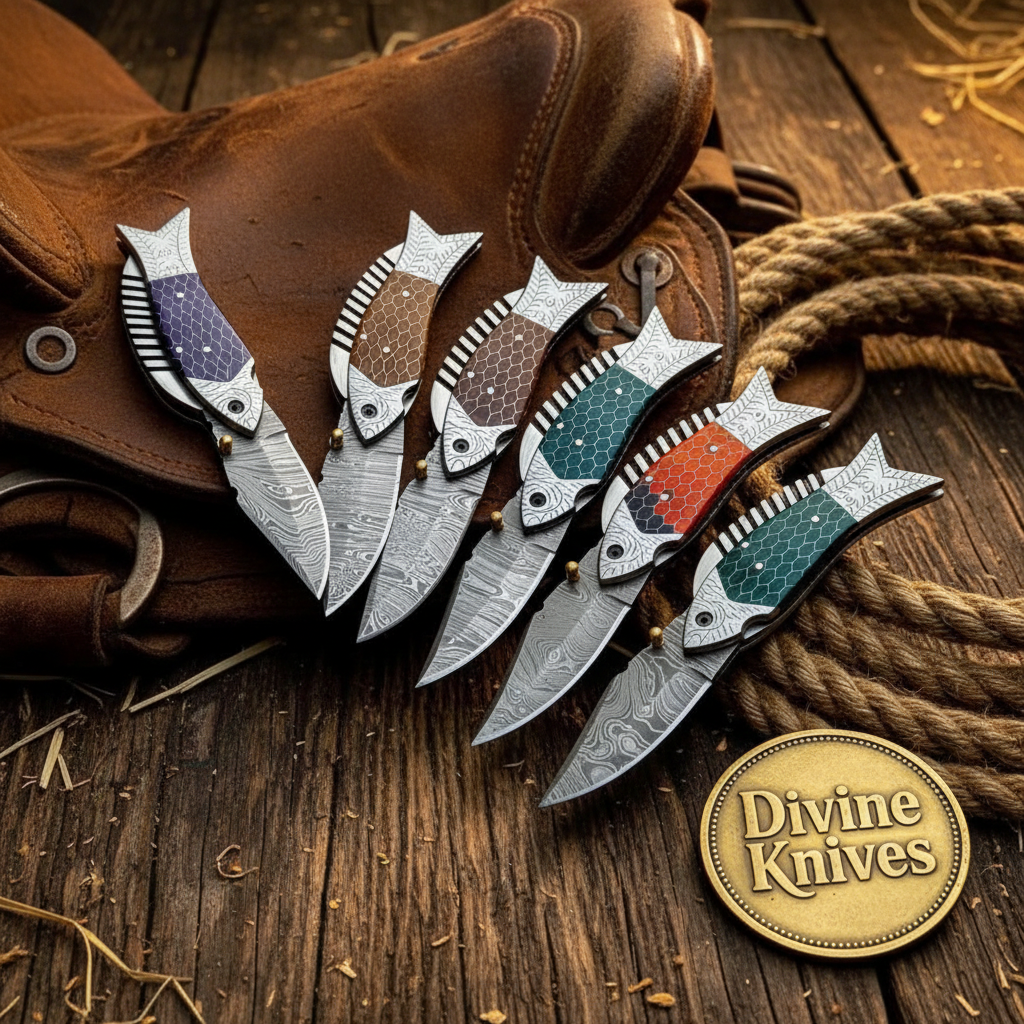 Fish Shape Folding Knife Set with Honeycomb Inlay Handles in Seven Colors by Divine Knives