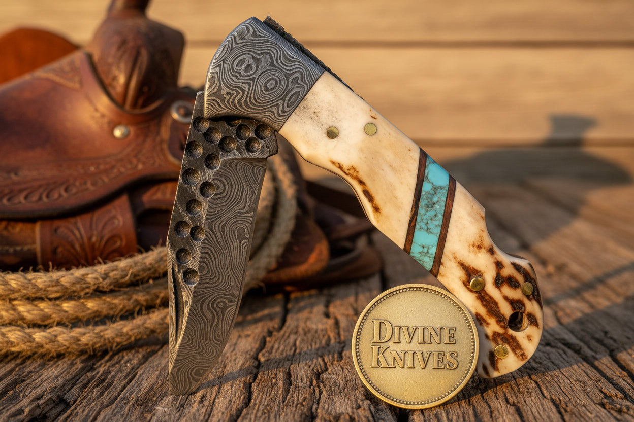 Turquoise Inlay Stag Handle Folding Knife with Hammered Spine by Divine Knives