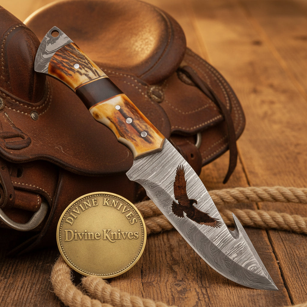 Eagle Cutout Skinner Knife with Stag Handle and Patterned Steel Blade by Divine Knives