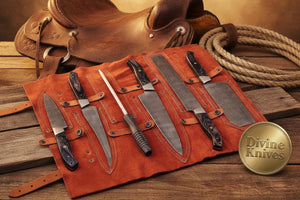 6-Piece Chef Knife Set with Sharpening Rod and Leather Roll Case detail view by Divine Knives
