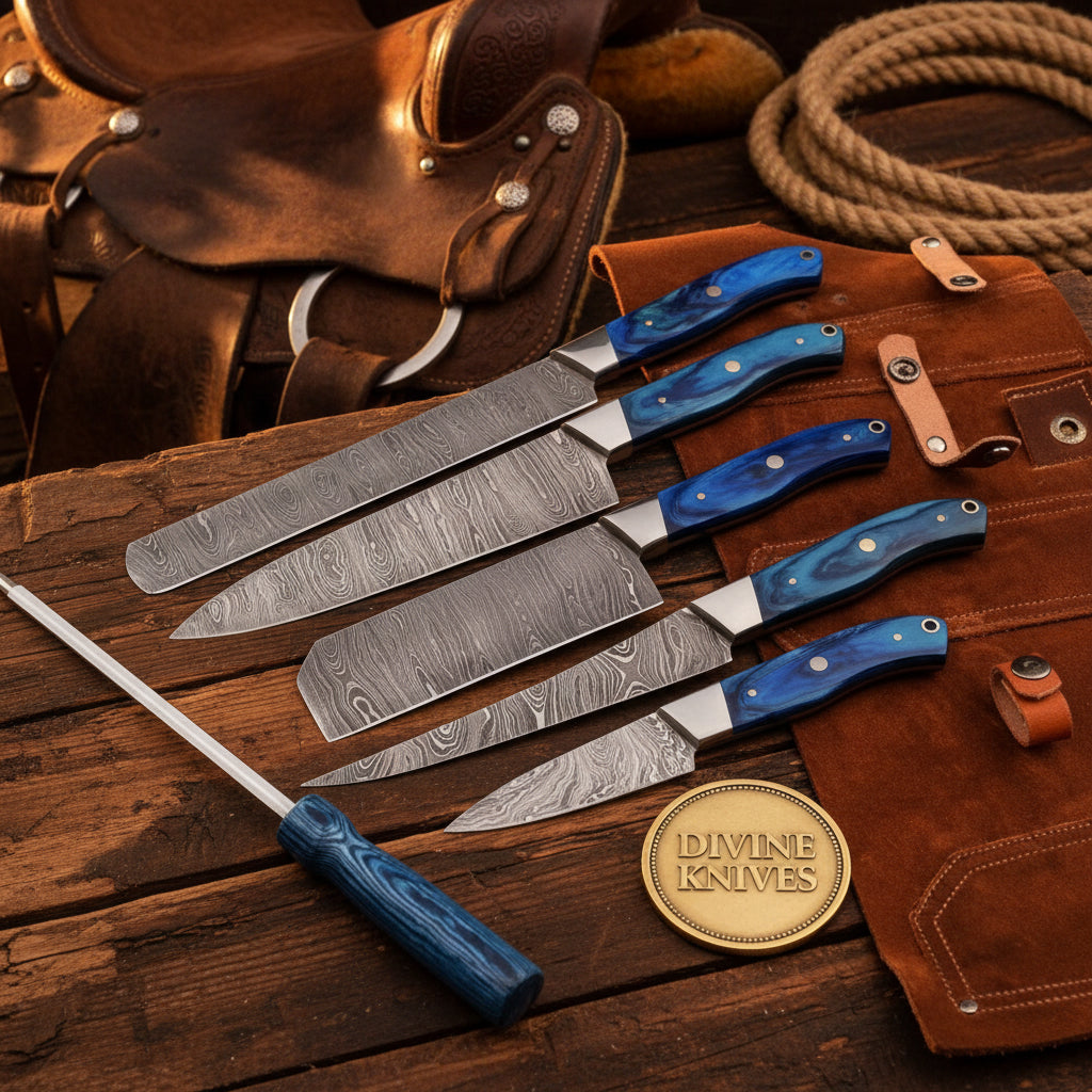 6-Piece Blue Handle Chef Knife Set with Sharpening Rod by Divine Knives