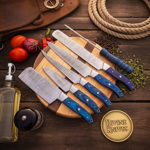 6-Piece Blue Handle Chef Knife Set with Sharpening Rod detail view by Divine Knives