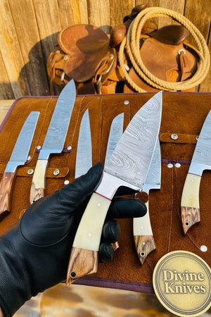 Bone Handle Caping Knife Set with Tooled Leather Roll Case detail view by Divine Knives