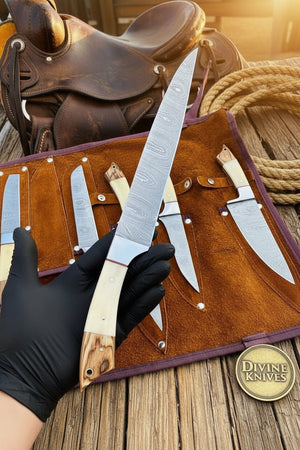 Bone Handle Caping Knife Set with Tooled Leather Roll Case detail view by Divine Knives