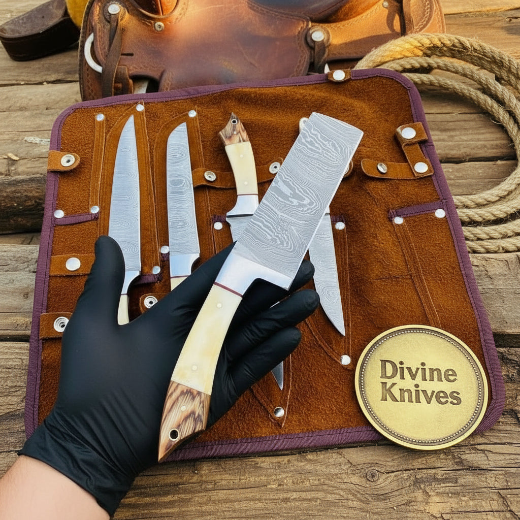 Bone Handle Caping Knife Set with Tooled Leather Roll Case detail view by Divine Knives