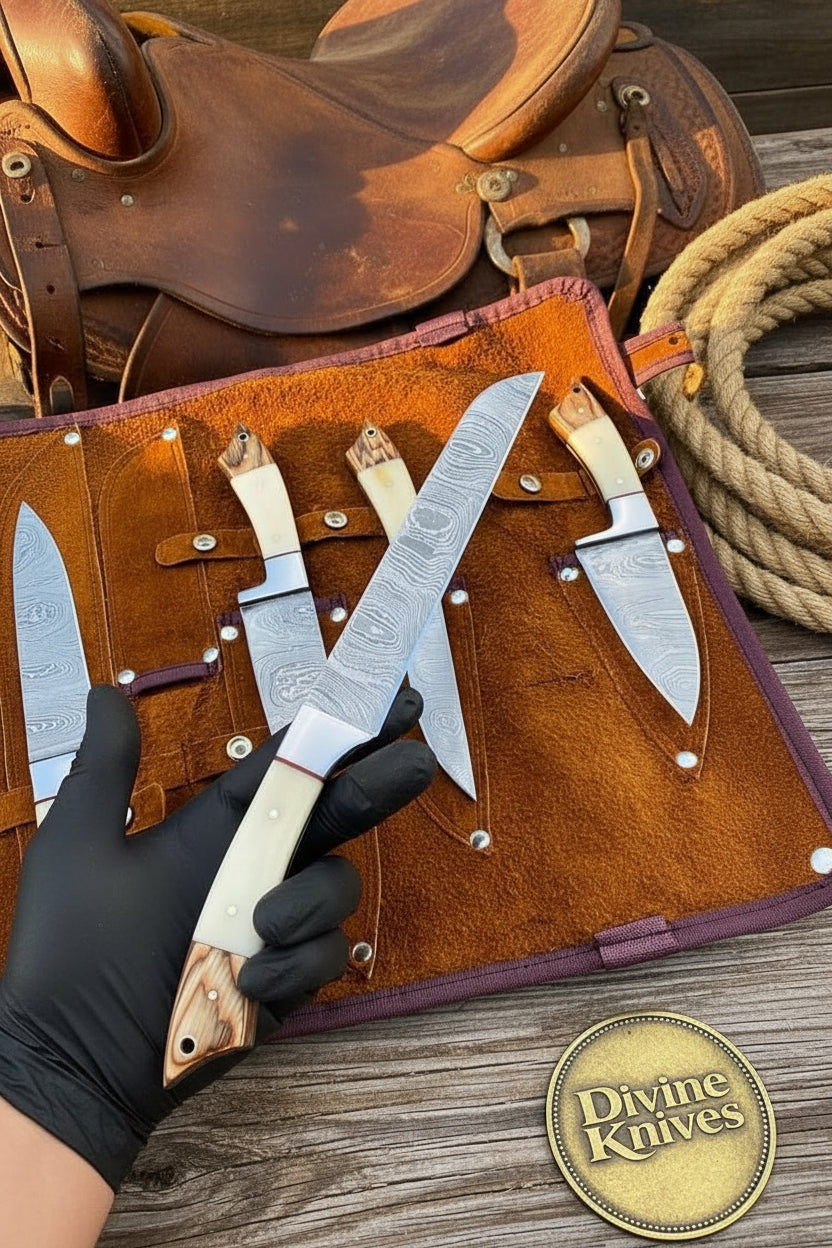 Bone Handle Caping Knife Set with Tooled Leather Roll Case detail view by Divine Knives