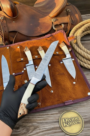 Bone Handle Caping Knife Set with Tooled Leather Roll Case detail view by Divine Knives