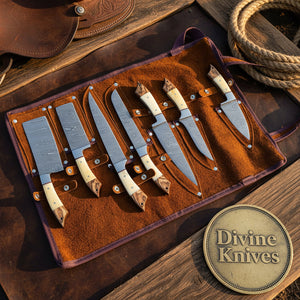 Bone Handle Caping Knife Set with Tooled Leather Roll Case by Divine Knives