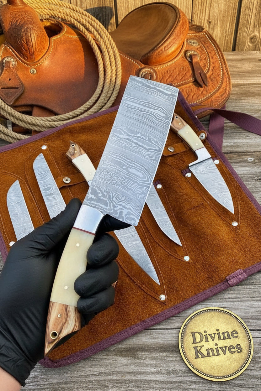 Bone Handle Caping Knife Set with Tooled Leather Roll Case detail view by Divine Knives