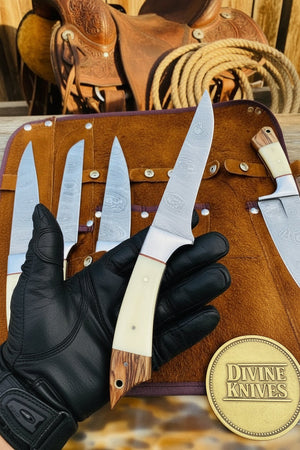 Bone Handle Caping Knife Set with Tooled Leather Roll Case detail view by Divine Knives