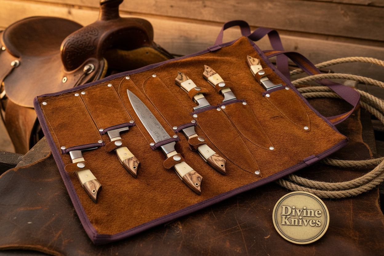 Bone Handle Caping Knife Set with Tooled Leather Roll Case detail view by Divine Knives