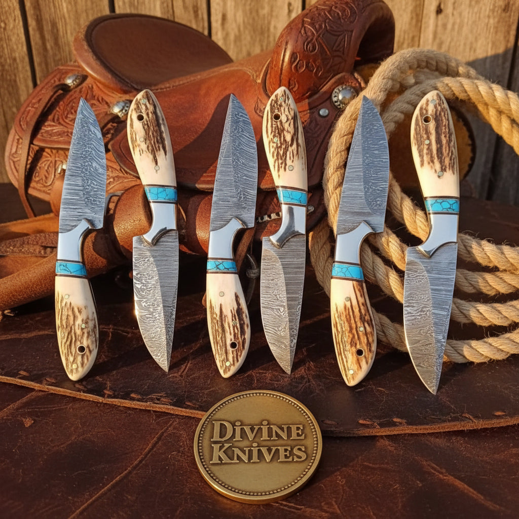 Turquoise Inlay Stag Handle Skinner Knife Set by Divine Knives