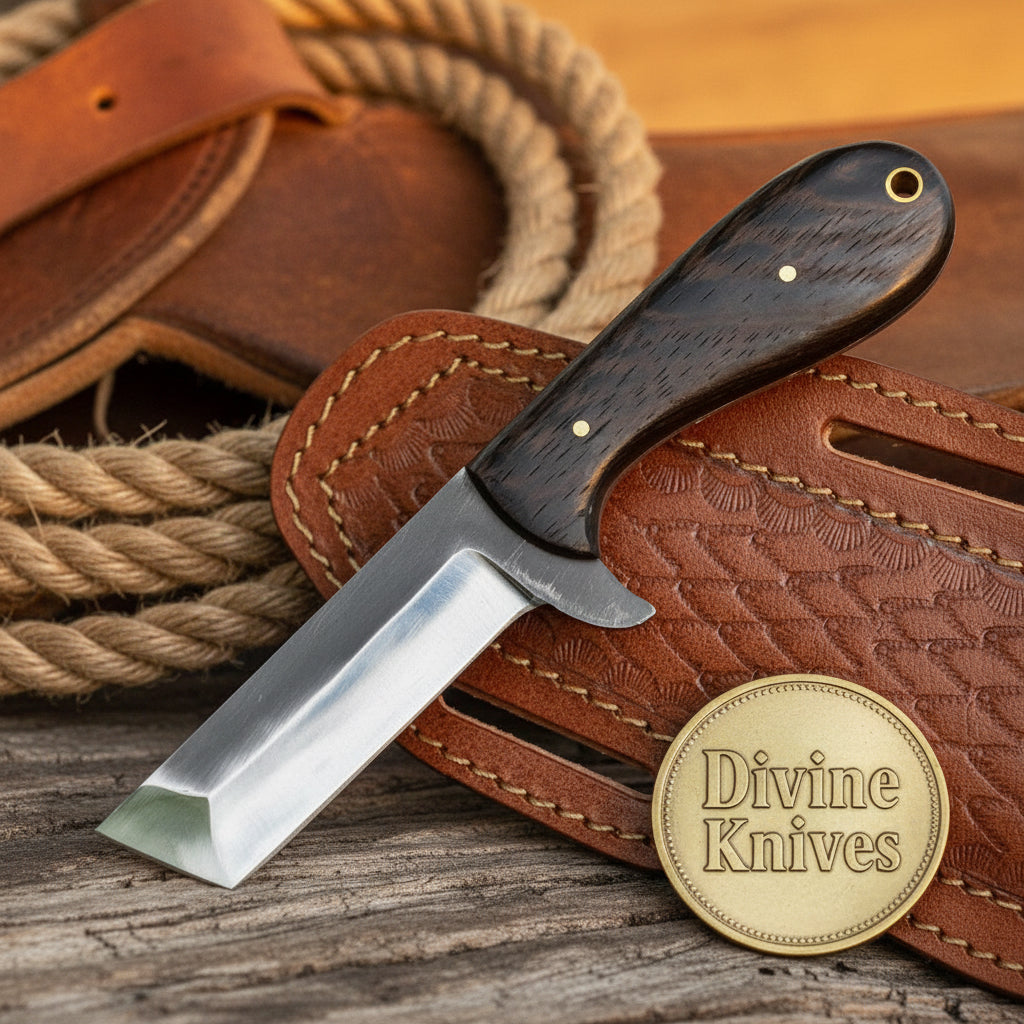 Tanto Style Utility Knife with Wood Handle and Flared Steel Guard by Divine Knives