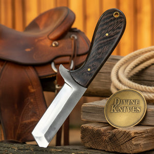 Tanto Style Utility Knife with Wood Handle and Flared Steel Guard detail view by Divine Knives