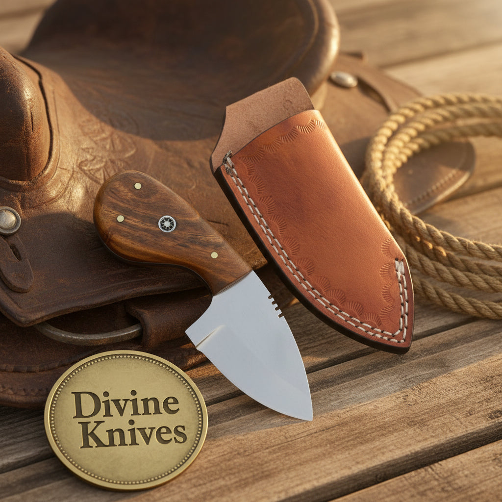 Compact Drop Point Utility Knife with Wood Handle and Tooled Leather Sheath by Divine Knives