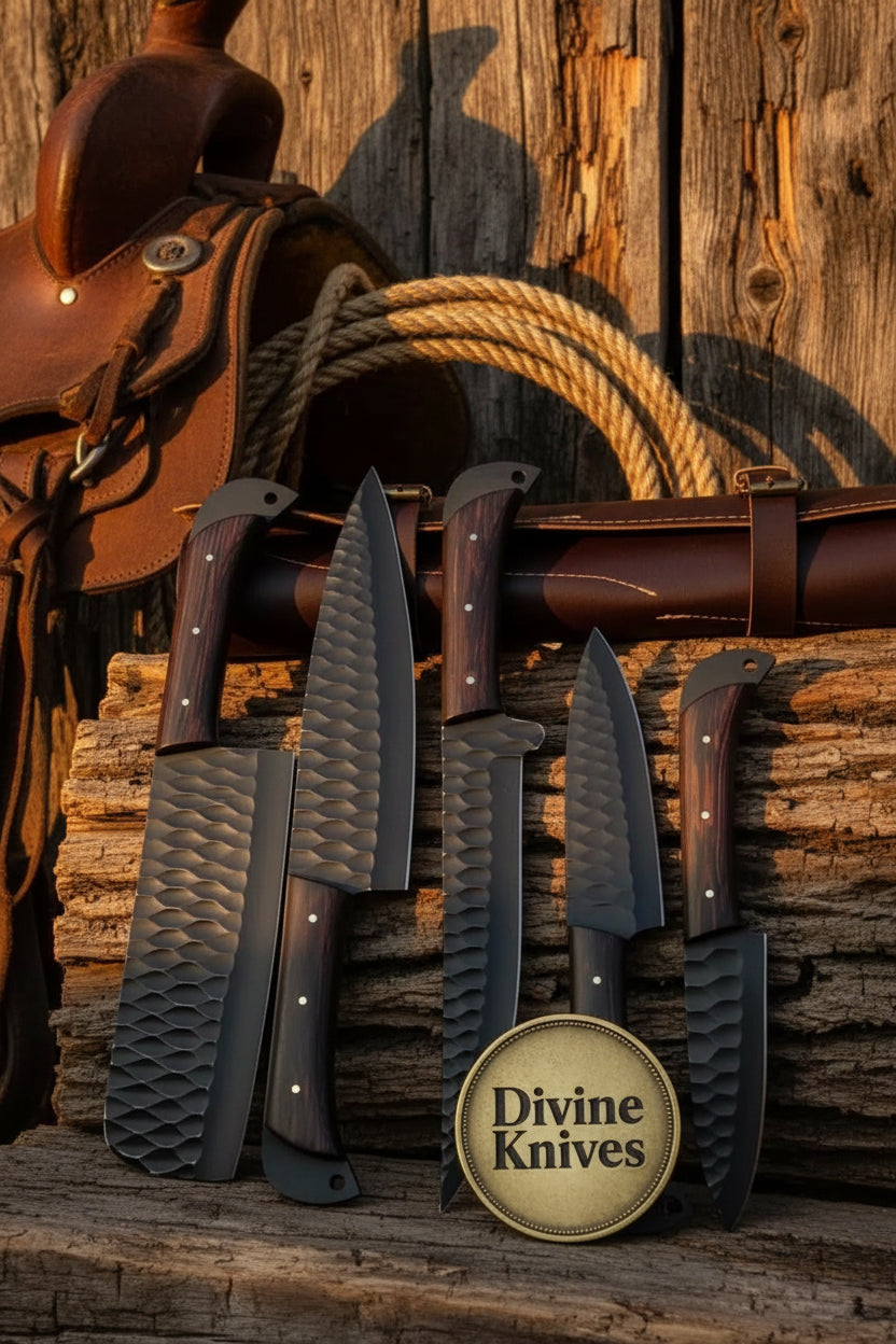 5-Piece Hammered Black Knife Set with Wood Handles and Leather Roll Case by Divine Knives
