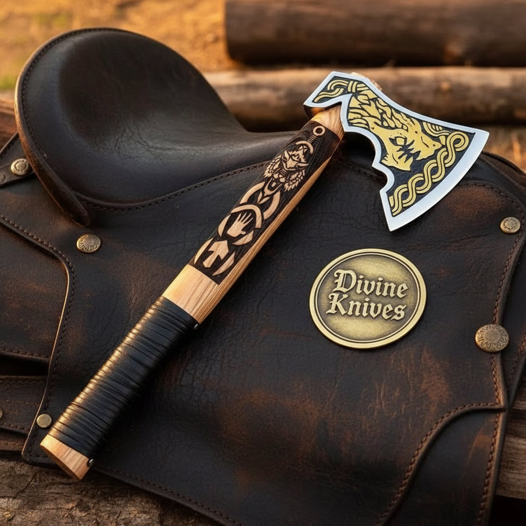 Wolf Carved Viking Axe with Gold Etched Norse Blade Design by Divine Knives