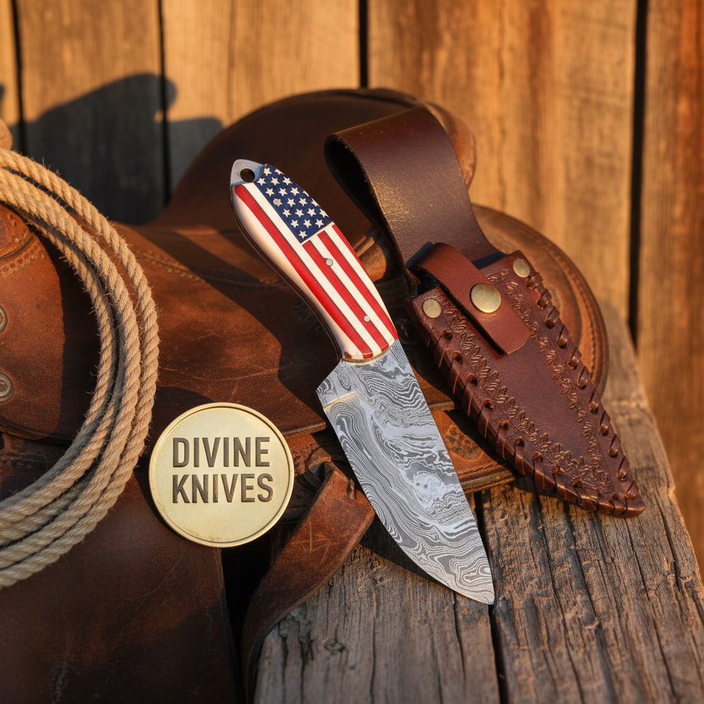 American Flag Handle Skinner Knife with Patterned Steel Blade by Divine Knives