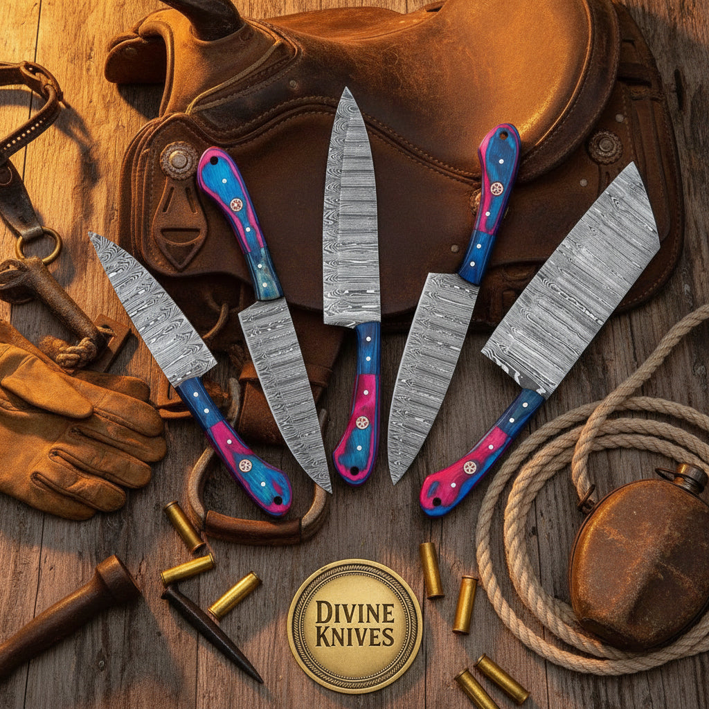 5-Piece Pink and Blue Resin Handle Chef Knife Set with Patterned Steel Blades by Divine Knives