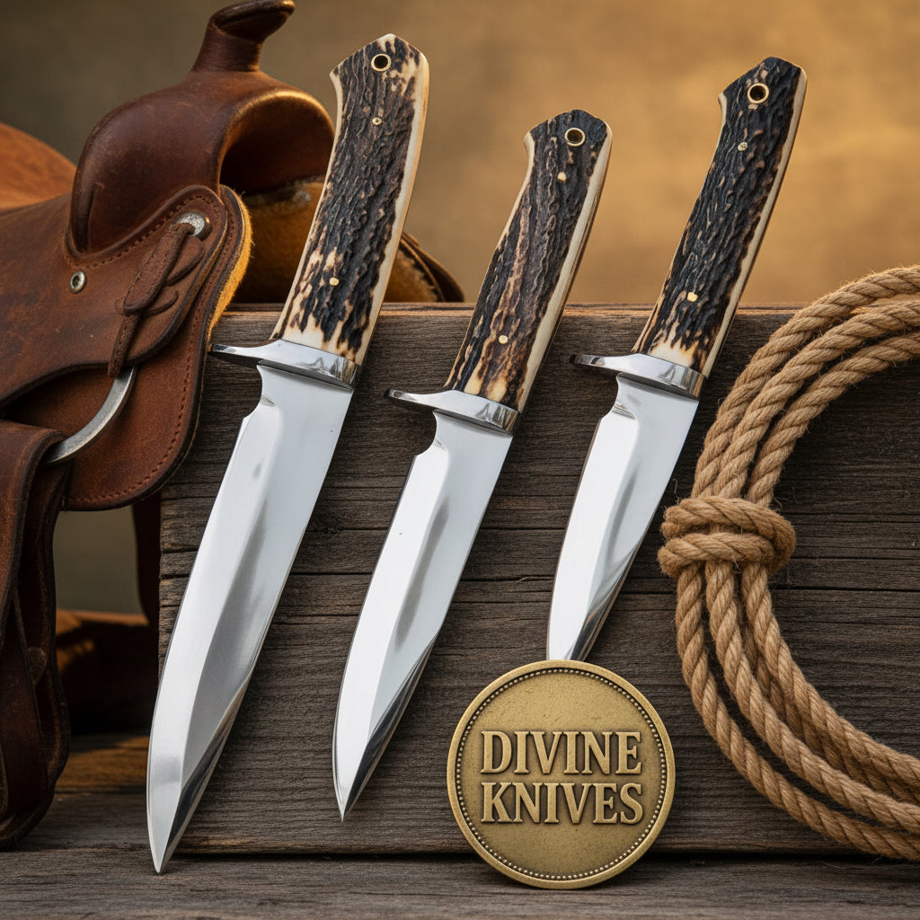 3-Piece Stag Handle Clip Point Knife Set with Brass Bolsters by Divine Knives
