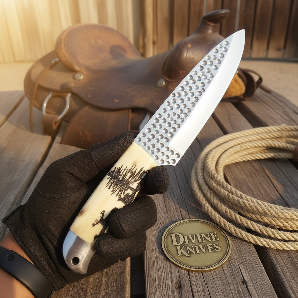 Textured Blade Hunting Knife with Engraved Bone Handle by Divine Knives