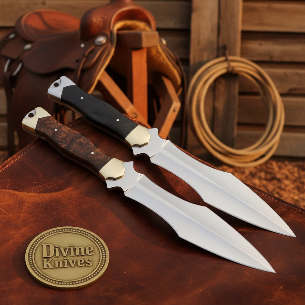 Twin Spear Point Dagger Set with Burl Wood and Horn Guard Handles by Divine Knives