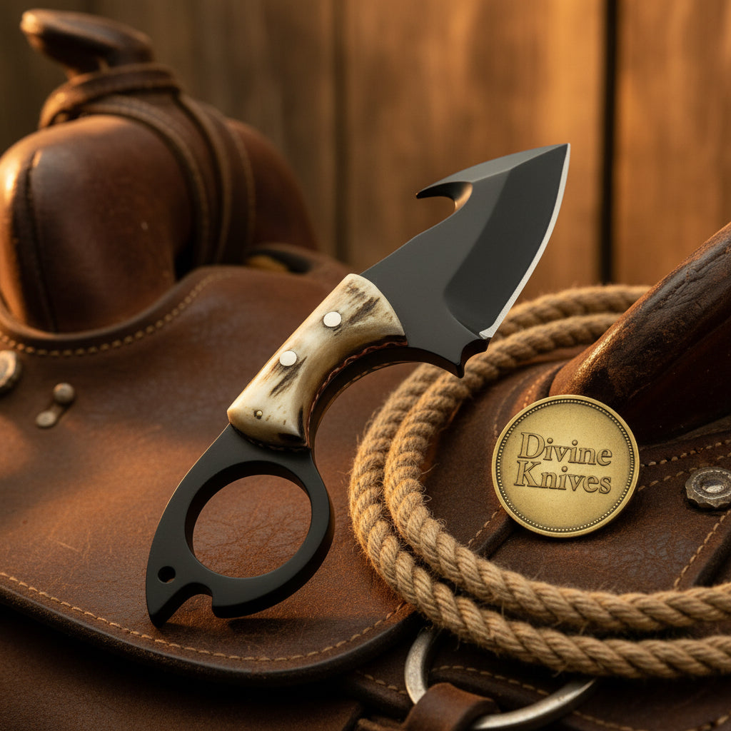 D2 Finger Ring Gut Hook Skinner with Black Coated Blade by Divine Knives