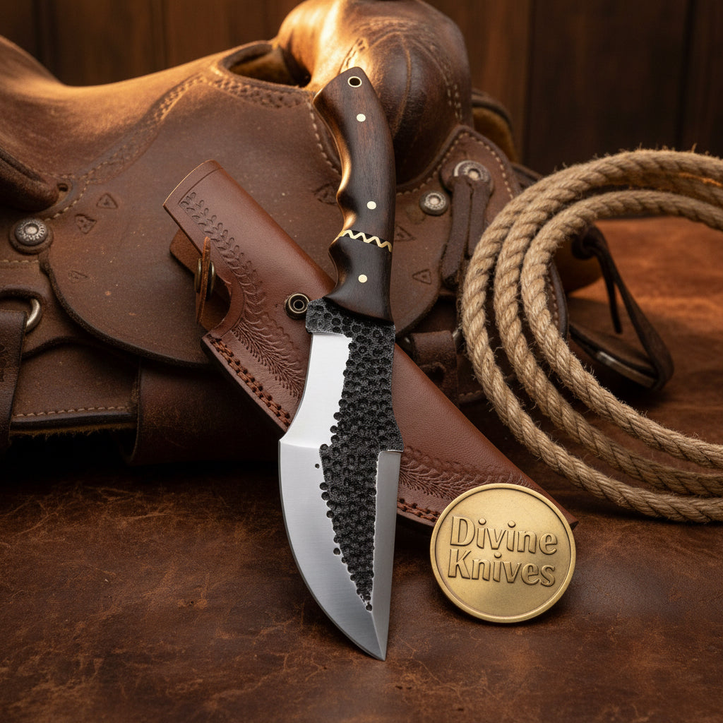 Big Belly Tracker Knife with Spine Gut Hook and Wood Handle by Divine Knives
