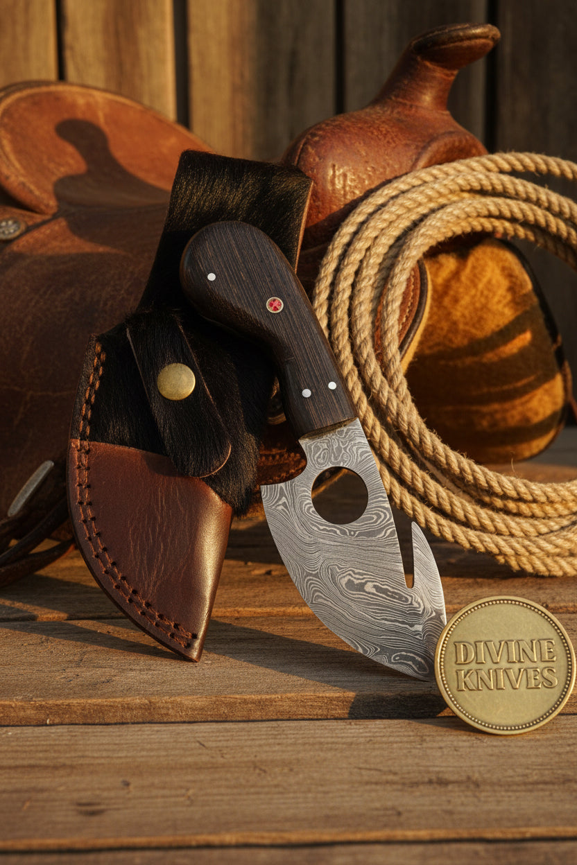 Finger Hole Gut Hook Skinner with Dark Wood Handle for Hunting by Divine Knives