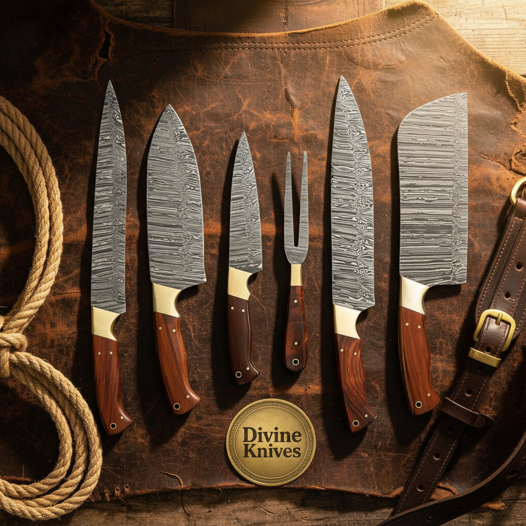 Damascus Chef Fork Carving Set with Graduated Blades by Divine Knives