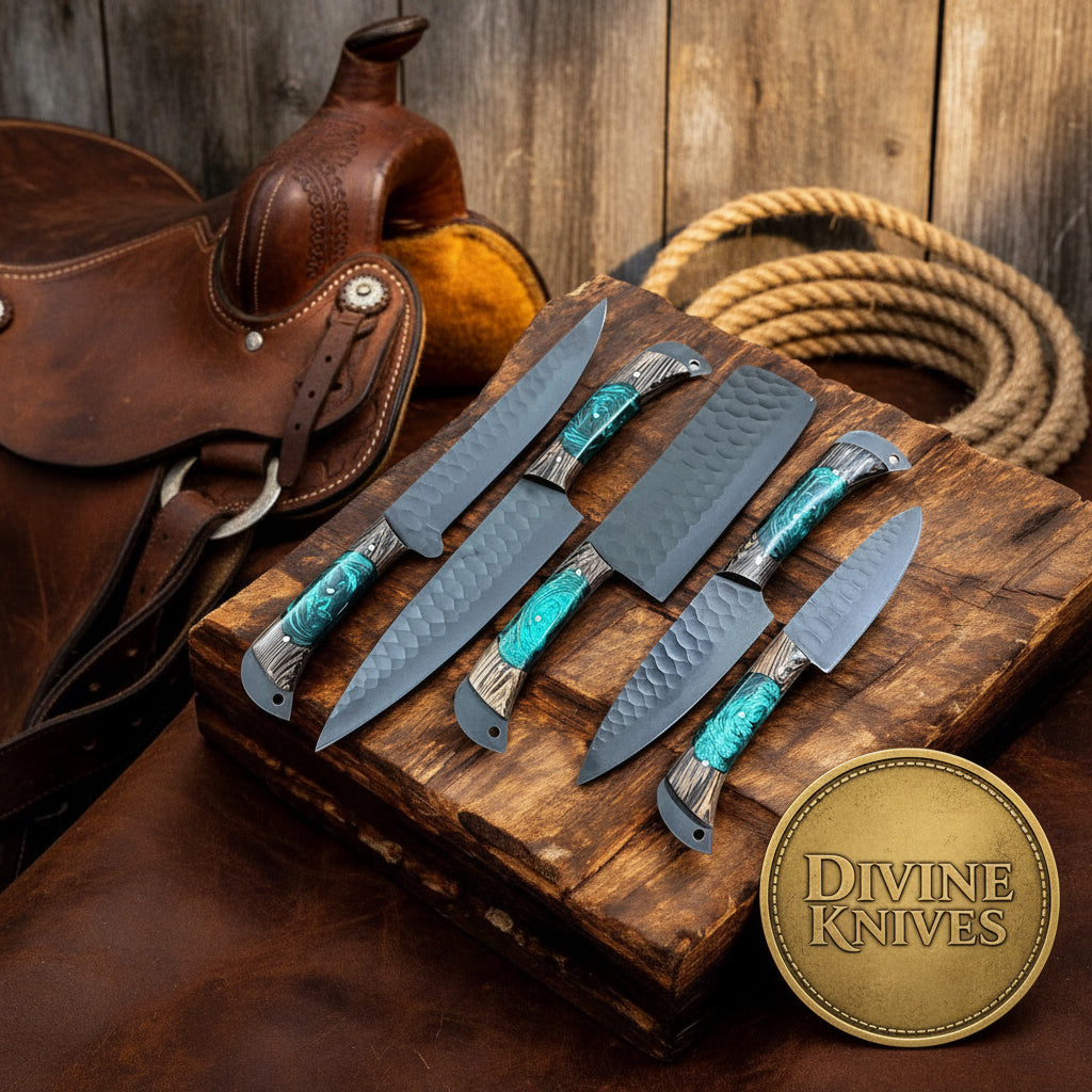 5-Piece Teal Resin Handle Chef Knife Set with Hammered Blade Finish for Everyday Cooking by Divine Knives