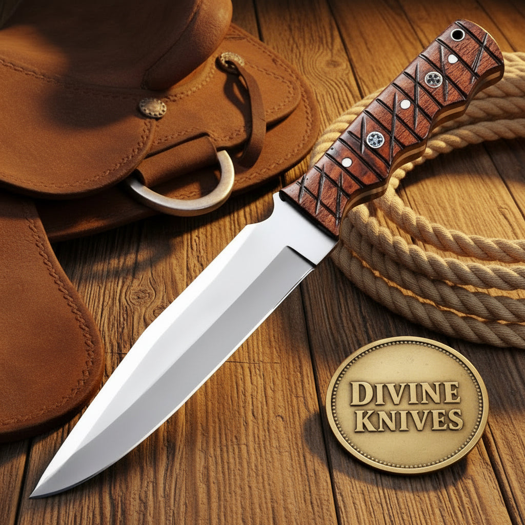Cross-Hatch Wood Handle Tanto Knife with Inlay Accents for Everyday Outdoor Use by Divine Knives