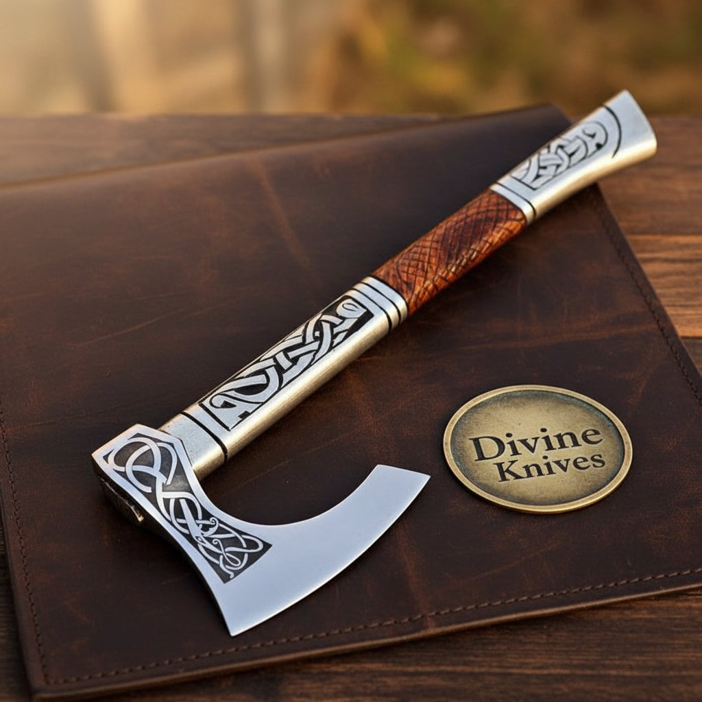 Celtic Knot Engraved Viking Axe with Diamond Textured Handle for Display or Outdoor Use by Divine Knives
