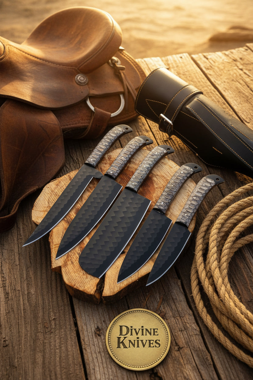 5-Piece Chevron Textured Black Blade Knife Set with Snakeskin Handles and Leather Roll Case by Divine Knives