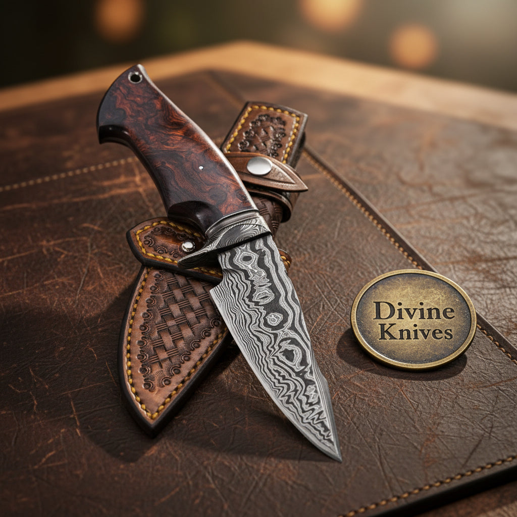 Custom Handmade Bobcat Hunter Knife and Tooled Leather Sheath by Divine Knives