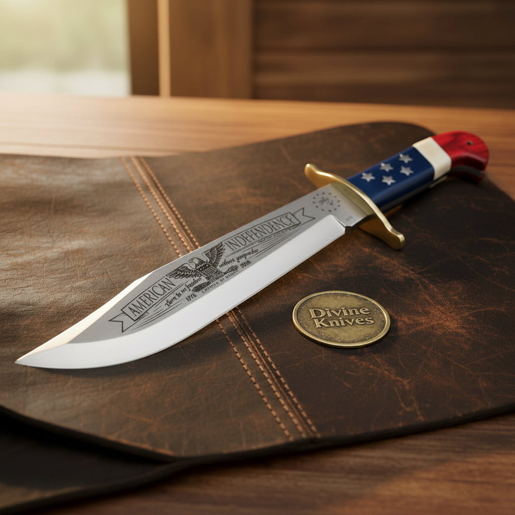 Patriotic American Flag Bowie Knife with Eagle Etched Blade by Divine Knives