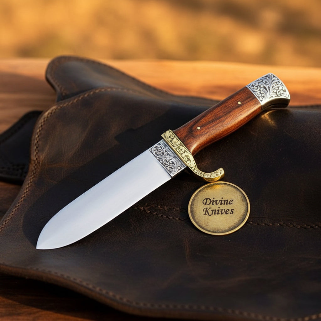 Ornate Filigree Spear-Point Hunter with Engraved Bolster & Brass Guard by Divine Knives