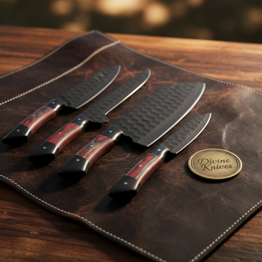 5-Piece Hammered Black Chef Knife Set with Pakka Wood Handles detail view by Divine Knives