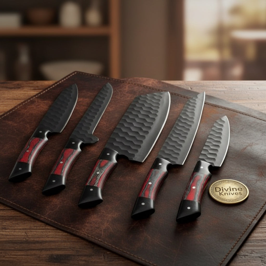 5-Piece Hammered Black Chef Knife Set with Pakka Wood Handles by Divine Knives