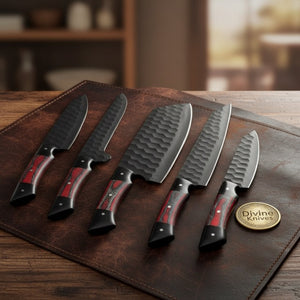 5-Piece Hammered Black Chef Knife Set with Pakka Wood Handles by Divine Knives